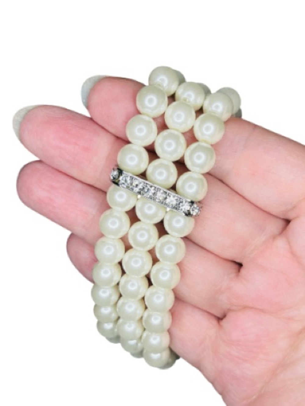 Vintage Three-Strand Pearl Bracelet with Crystal Accent